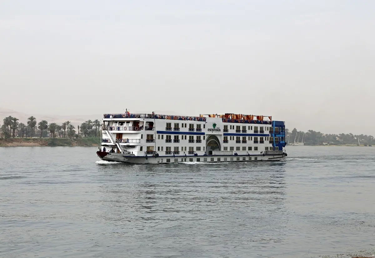 A cruise ship between palm-lined banks